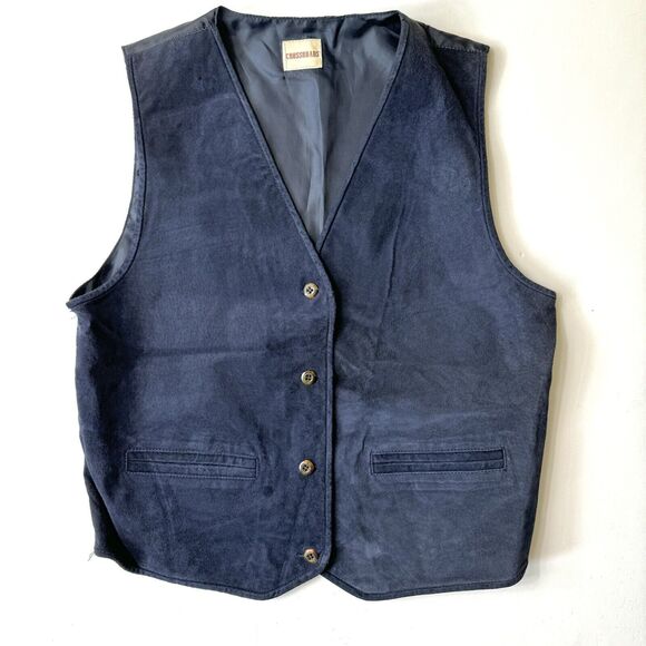 Crossroads Jackets & Blazers - Vintage 1970s Crossroads Navy Blue Suede Satin Western /Disco Unisex Vest, Sz. M